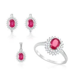 Conjunto Par de Brincos, Pingente e Anel de Prata com Cristais e Rubis