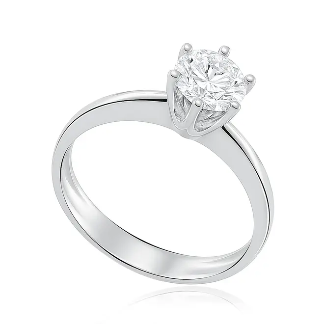 Anel Solitário 6 Garras de Ouro Branco com Diamante de 50 pts.
