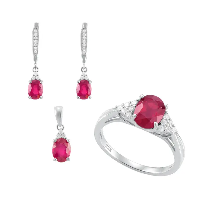 Conjunto Par de Brincos, Pingente e Anel de Prata com Cristais e Rubis