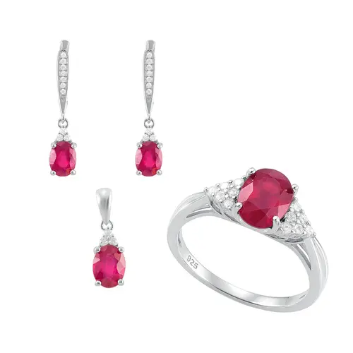 Conjunto Par de Brincos, Pingente e Anel de Prata com Cristais e Rubis