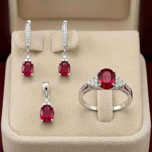 Conjunto Par de Brincos, Pingente e Anel de Prata com Cristais e Rubis