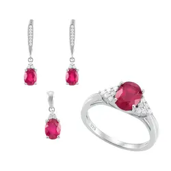 Conjunto Par de Brincos, Pingente e Anel de Prata com Cristais e Rubis