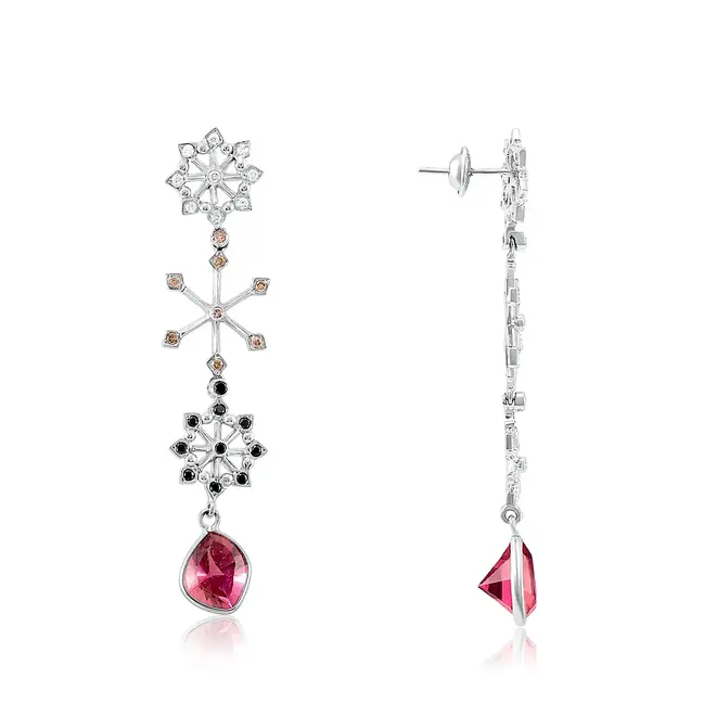 Par de Brincos de Ouro Branco com 56 Diamantes e Turmalinas Rosa
