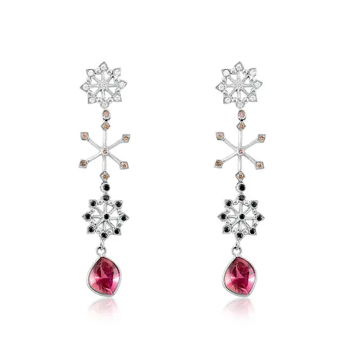 Par de Brincos de Ouro Branco com 56 Diamantes e Turmalinas Rosa