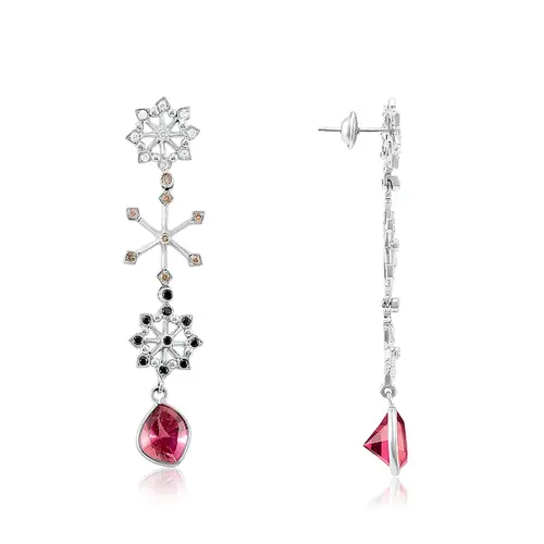 Par de Brincos de Ouro Branco com 56 Diamantes e Turmalinas Rosa