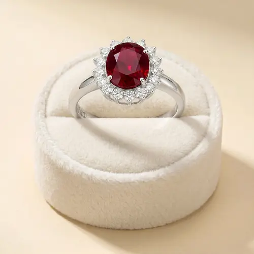 Anel Ouro Branco 18K com Diamantes e Rubelita Oval de 2,60 Cts.