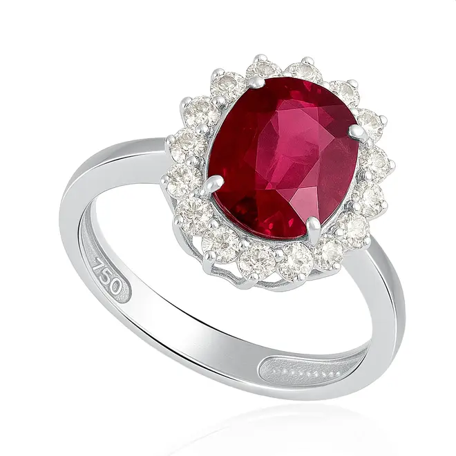 Anel Ouro Branco 18K com Diamantes e Rubelita Oval de 2,60 Cts.