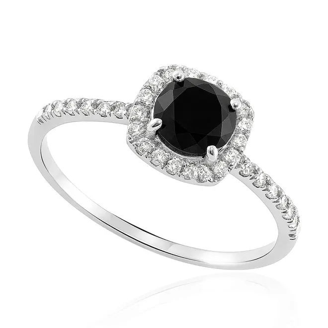 Anel Solitário de Ouro Branco com Diamantes e Diamante Negro de 90 pts.