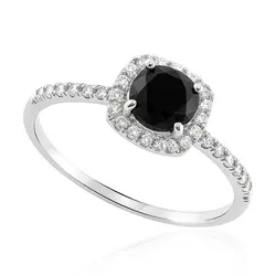 Anel Solitário de Ouro Branco com Diamantes e Diamante Negro de 90 pts.