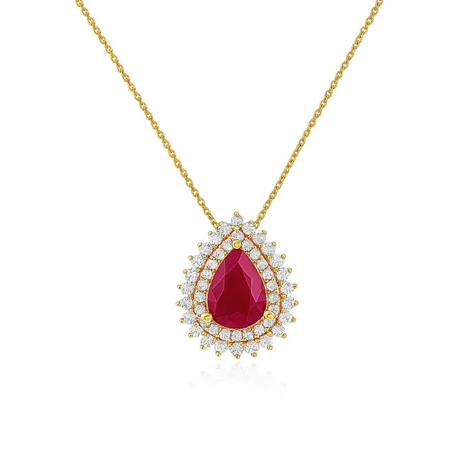 Pingente de Ouro Amarel com Corrente, Diamantes e Rubi de 1,0 Ct.