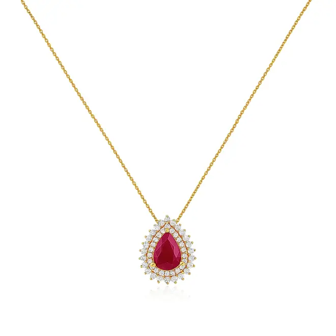 Pingente de Ouro Amarel com Corrente, Diamantes e Rubi de 1,0 Ct.