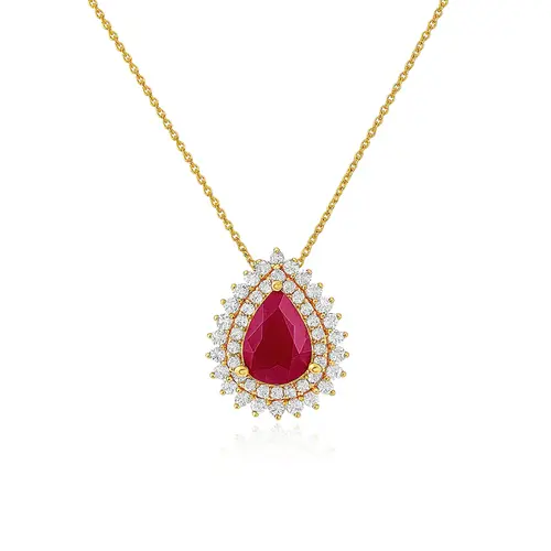 Pingente de Ouro Amarel com Corrente, Diamantes e Rubi de 1,0 Ct.