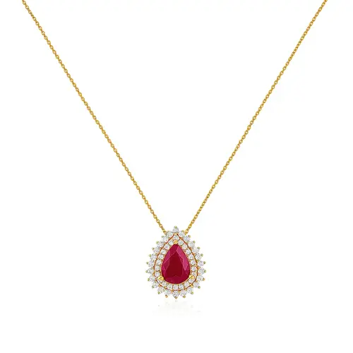 Pingente de Ouro Amarel com Corrente, Diamantes e Rubi de 1,0 Ct.