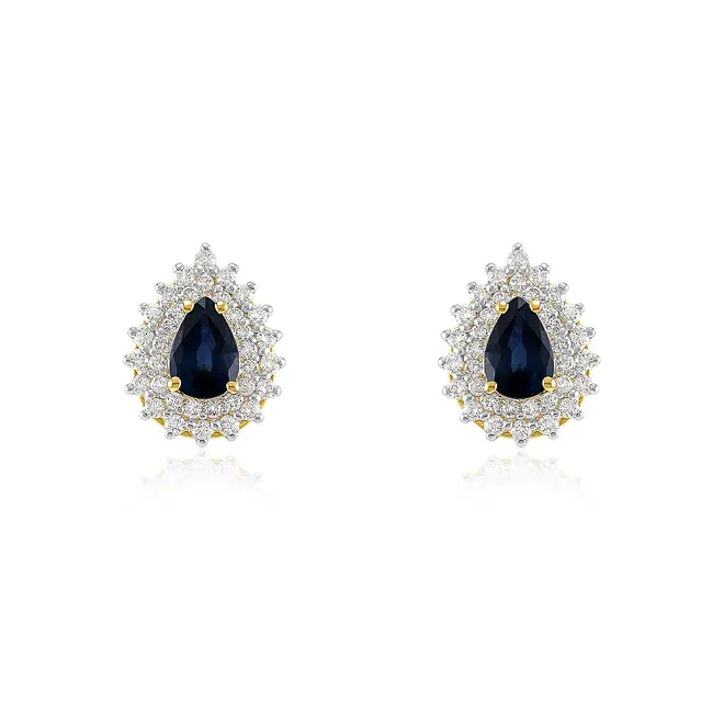 Par de Brincos de Ouro Amarelo com 72 Diamantes e 1 ct em Safiras