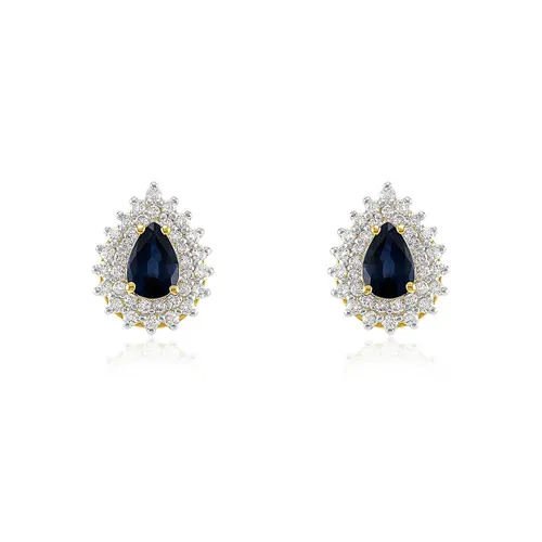 Par de Brincos de Ouro Amarelo com 72 Diamantes e 1 ct em Safiras