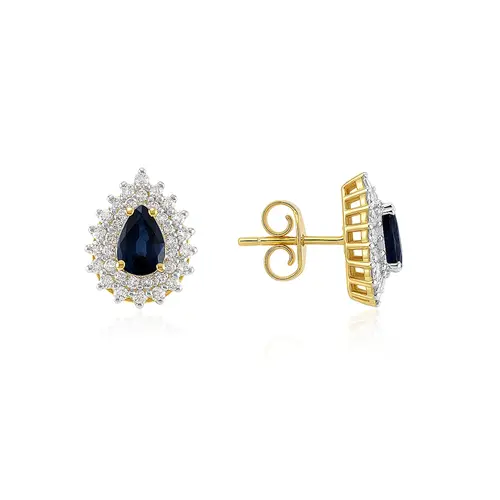 Par de Brincos de Ouro Amarelo com 72 Diamantes e 1 ct em Safiras