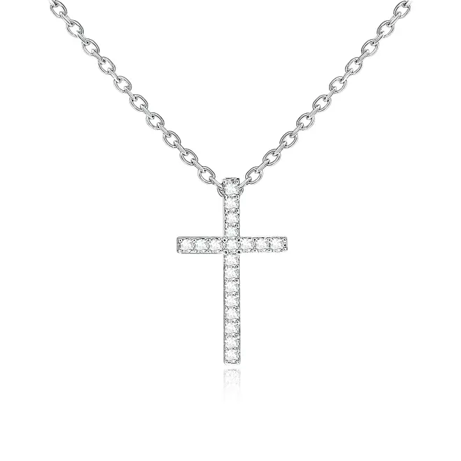 Pingente Cruz de Ouro Branco com Corrente e Diamantes totalizando 16 pts.