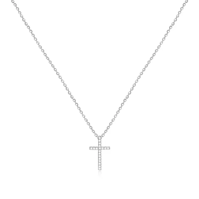 Pingente Cruz de Ouro Branco com Corrente e Diamantes totalizando 16 pts.