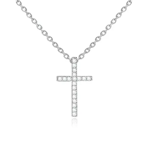 Pingente Cruz de Ouro Branco com Corrente e Diamantes totalizando 16 pts.