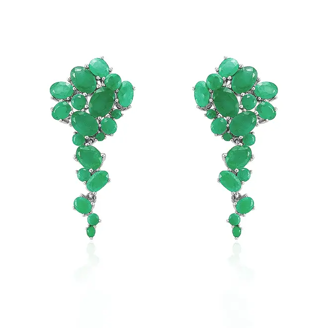 Conjunto Par de Brincos, Gargantilha e Pulseira de Prata com Esmeraldas 35 cts
