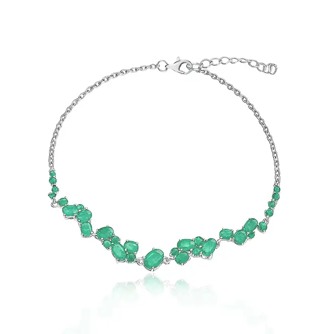 Conjunto Par de Brincos, Gargantilha e Pulseira de Prata com Esmeraldas 35 cts