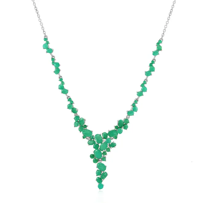 Conjunto Par de Brincos, Gargantilha e Pulseira de Prata com Esmeraldas 35 cts