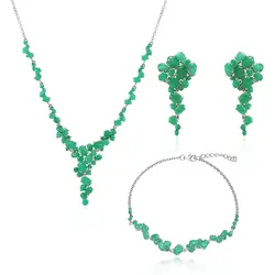 Conjunto Par de Brincos, Gargantilha e Pulseira de Prata com Esmeraldas 35 cts