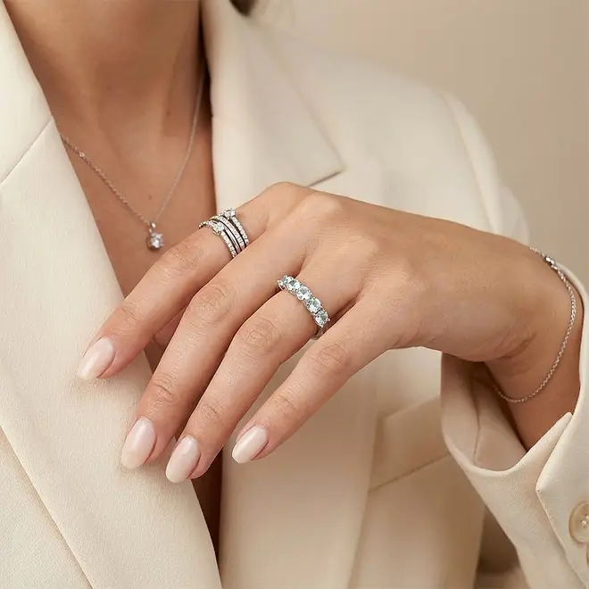Meia Aliança de Prata com 5 Água Marinha