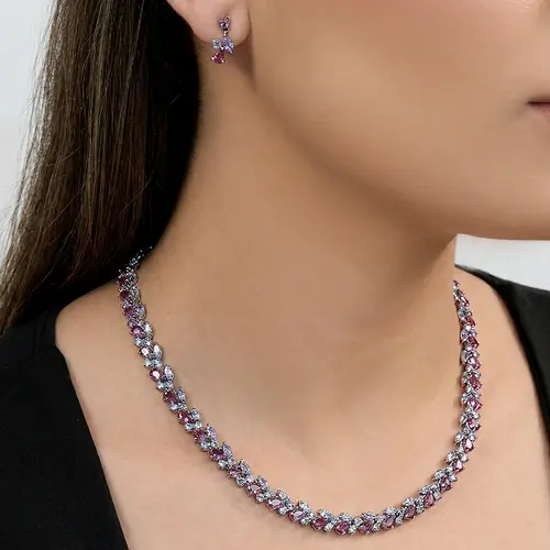 Conjunto Gargantilha e Par de Brincos de Prata com Rubis e Tanzanitas