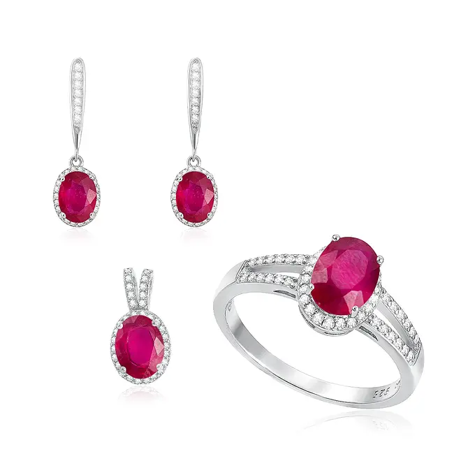 Conjunto Par de Brincos, Pingente e Anel de Prata com Cristais e Rubis