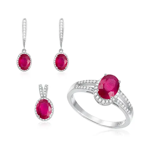 Conjunto Par de Brincos, Pingente e Anel de Prata com Cristais e Rubis
