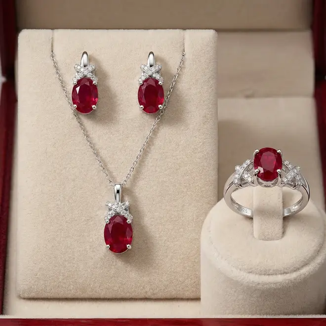 Conjunto Par de Brincos, Pingente e Anel de Prata com Cristais e Rubis