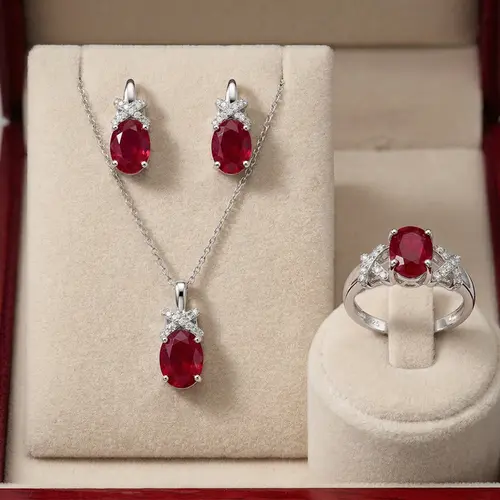 Conjunto Par de Brincos, Pingente e Anel de Prata com Cristais e Rubis