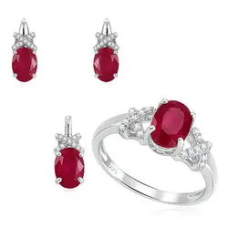 Conjunto Par de Brincos, Pingente e Anel de Prata com Cristais e Rubis
