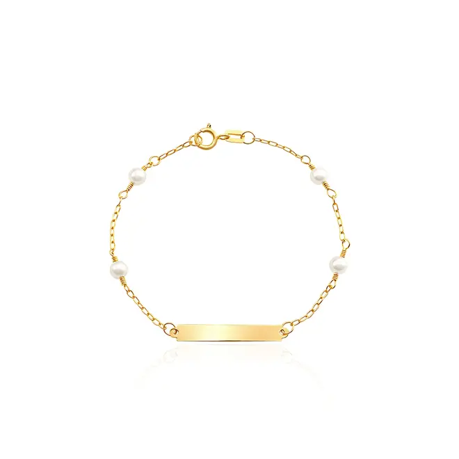 Pulseira Infantil de Ouro com Plaquinha e Perolas
