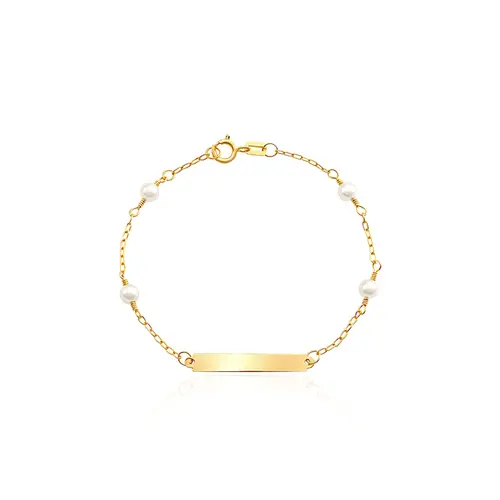Pulseira Infantil de Ouro com Plaquinha e Perolas