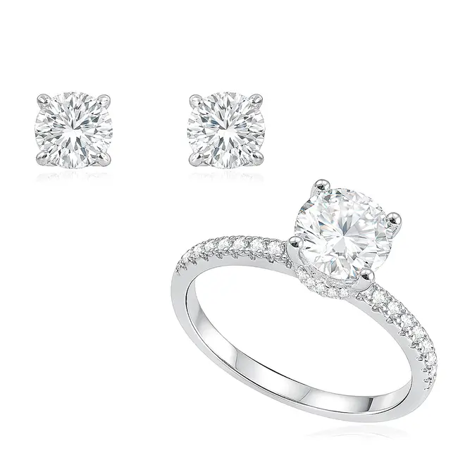 Conjunto Anel e Par de Brincos de Diamantes de Laboratório totalizando 3,0 Cts.