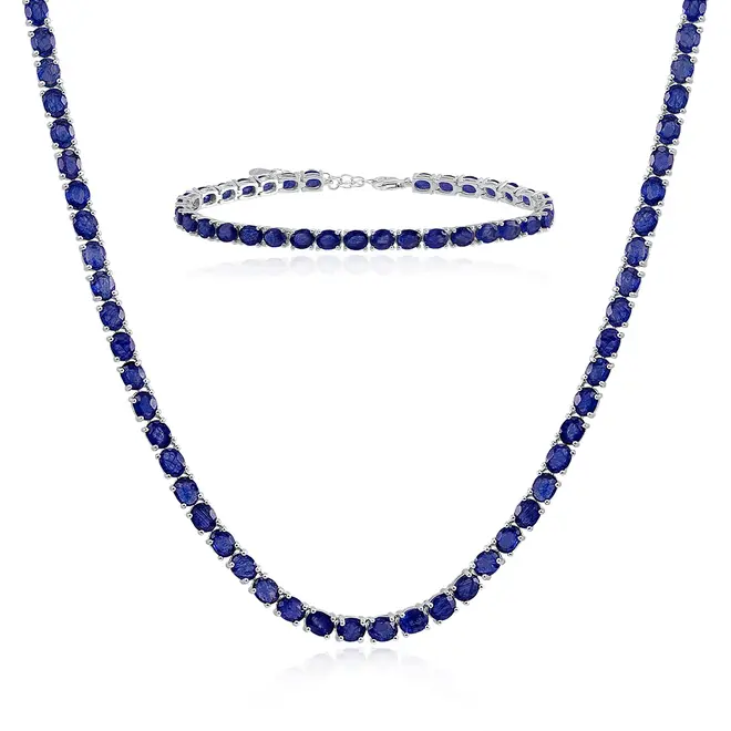 Conjunto Gargantilha e Pulseira de Prata com Safiras totalizando 128 Cts