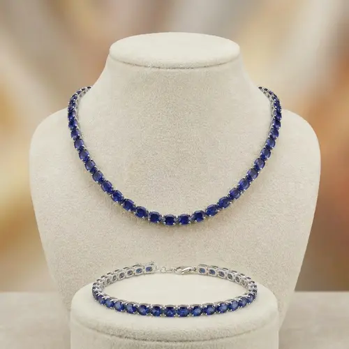 Conjunto Gargantilha e Pulseira de Prata com Safiras totalizando 128 Cts