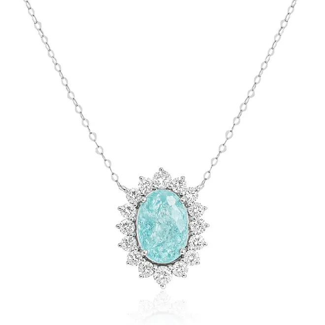 Colar de Ouro Branco com e Diamantes e Turmalina Paraíba de 1,13 Cts.