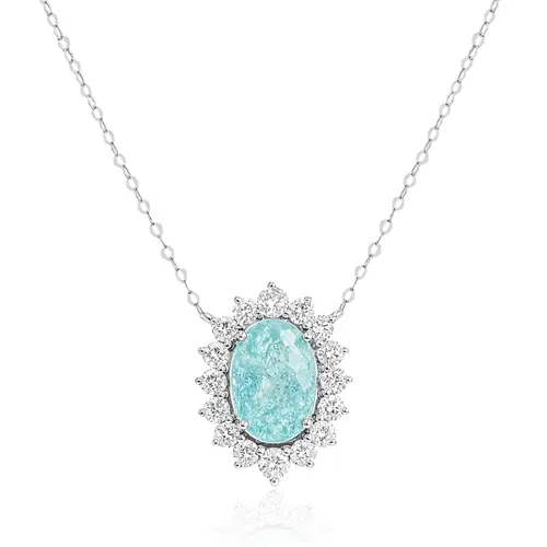 Colar de Ouro Branco com e Diamantes e Turmalina Paraíba de 1,13 Cts.