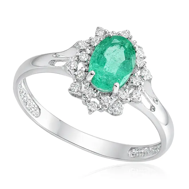 Anel de Ouro Branco com 20 Diamantes e Esmeralda de 1,0 Cts