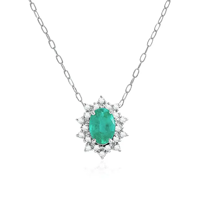 Pingente de Ouro Branco com Corrente, 20 Diamantes e Esmeralda de 1,0 Cts.