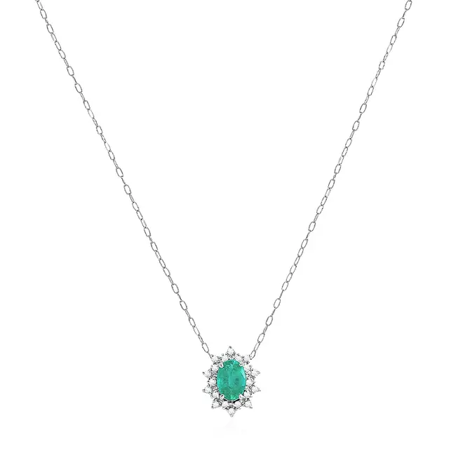 Pingente de Ouro Branco com Corrente, 20 Diamantes e Esmeralda de 1,0 Cts.