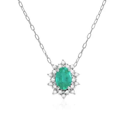 Pingente de Ouro Branco com Corrente, 20 Diamantes e Esmeralda de 1,0 Cts.