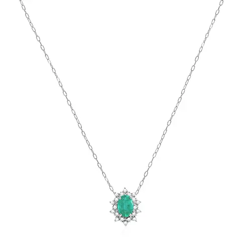 Pingente de Ouro Branco com Corrente, 20 Diamantes e Esmeralda de 1,0 Cts.