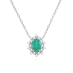 Pingente de Ouro Branco com Corrente, 20 Diamantes e Esmeralda de 1,0 Cts.