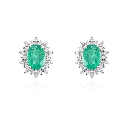Par de Brincos de Ouro Branco com Diamantes e Esmeraldas totalizando 2,4 Cts.