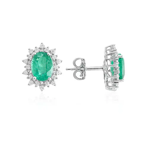Par de Brincos de Ouro Branco com Diamantes e Esmeraldas totalizando 2,4 Cts.