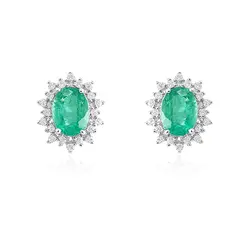 Par de Brincos de Ouro Branco com Diamantes e Esmeraldas totalizando 2,4 Cts.